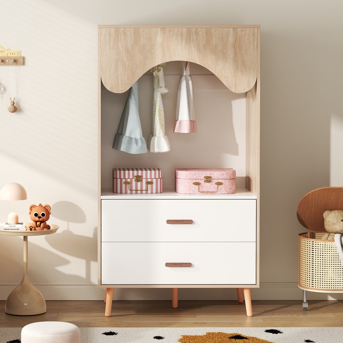 Kinderkast - 80x46x141,5 cm - Kinder Kledingkast met Hangstang + Lades + Open Opbergruimte