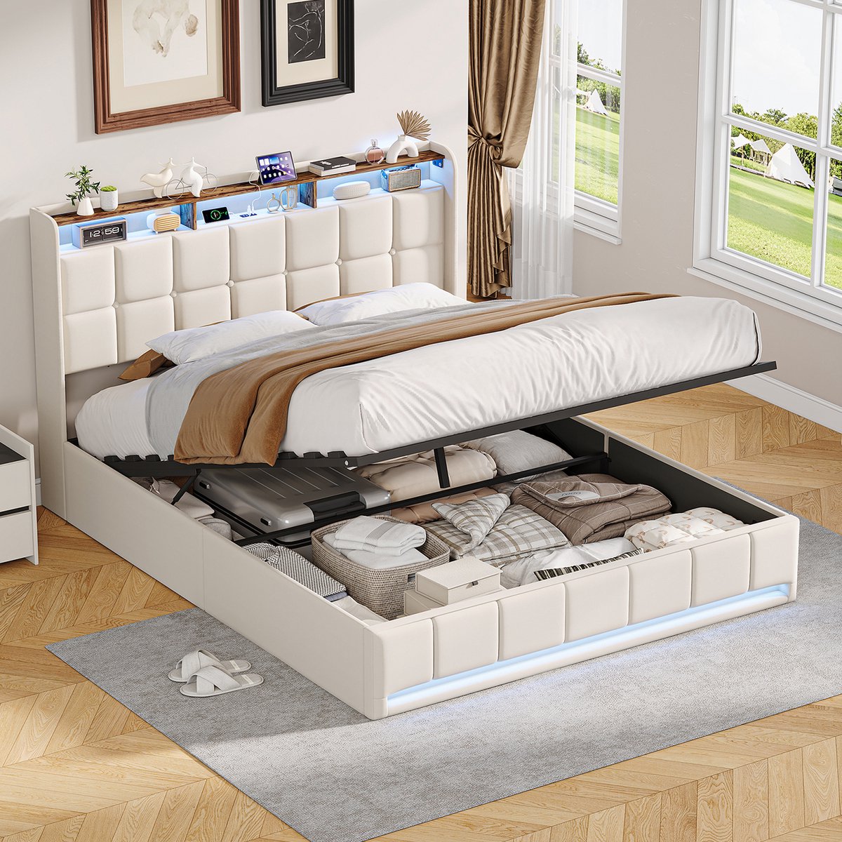 Solvenrik Opbergbed 160x200 Beige Linnen – met LED & USB-C