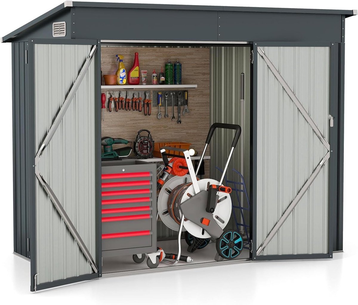 Gereedschapsschuur Metaal - Tuinhuis Opbergruimte - Buitenopslag Tuin - Schuin Dak Ventilatie - 235 x 117 x 185 cm - Donkergrijs