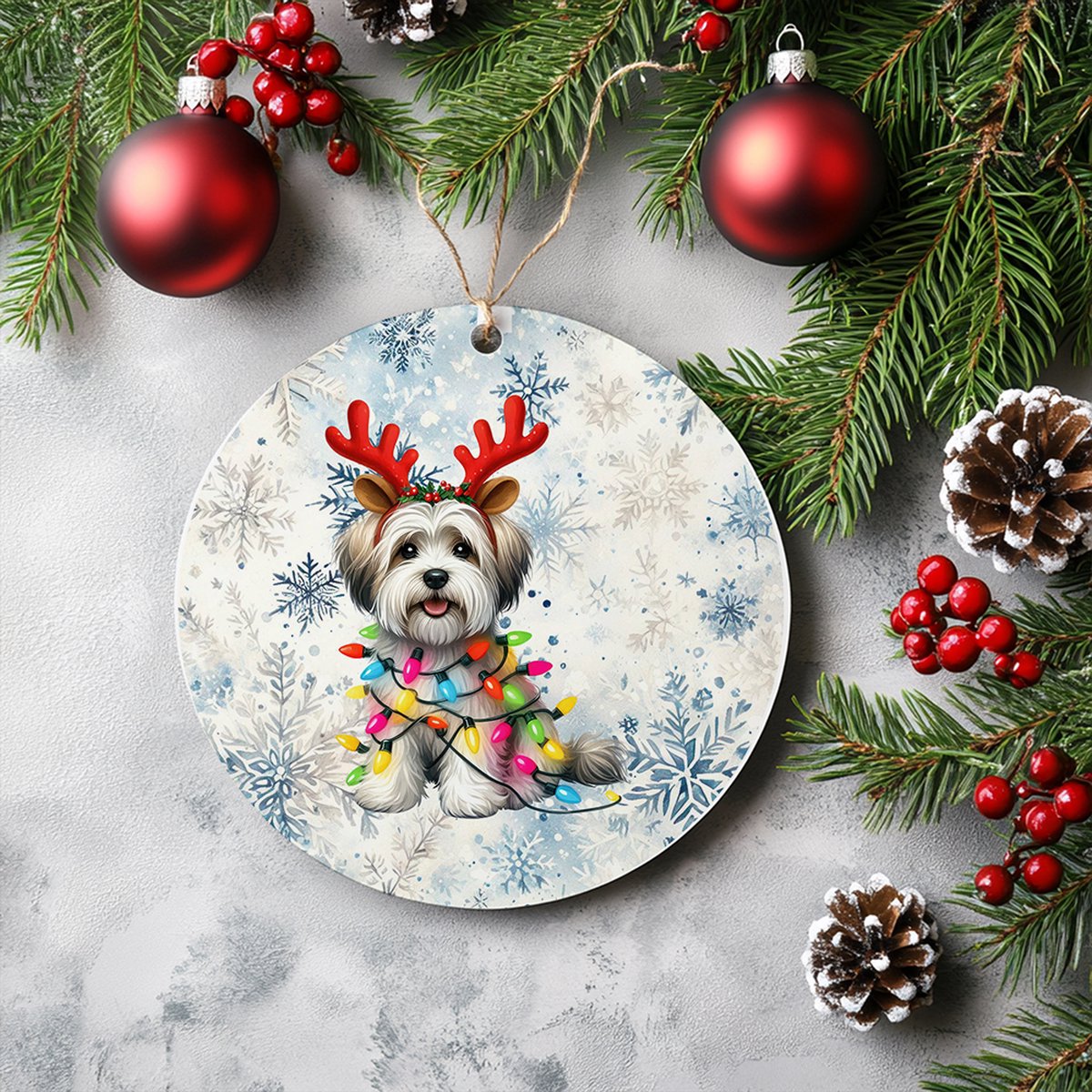 Kerstboom hanger met gepersonaliseerde Dandie Dinmont Terrier voor unieke kerstdecoratie.