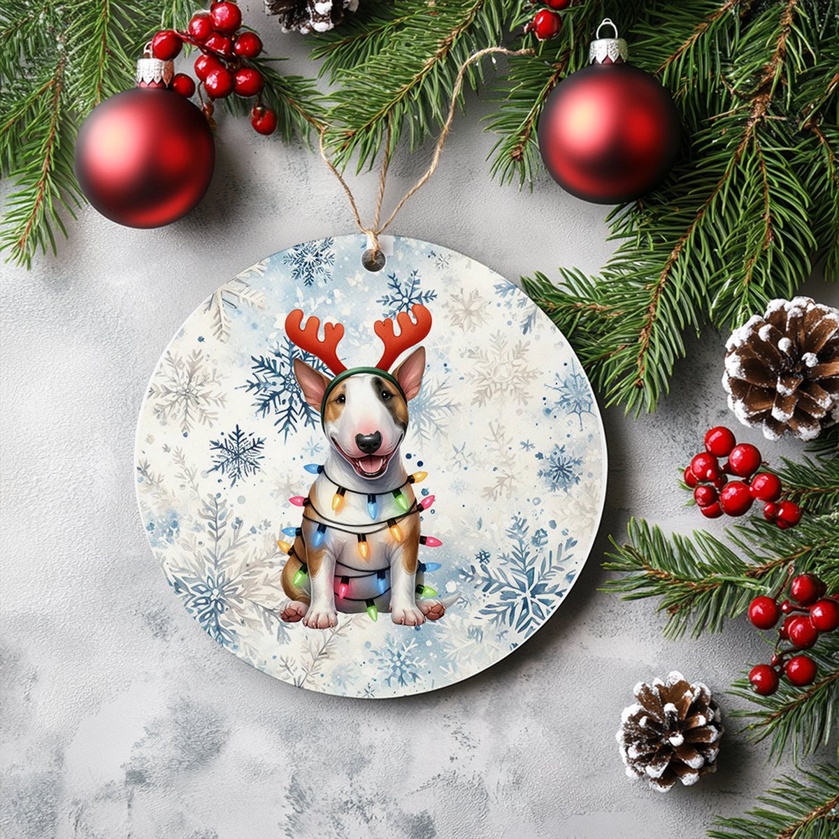 Kerstboom hanger met Bull Terrier figuur, gepersonaliseerd met naam. Unieke kerstdecoratie in de categorie Kerst.