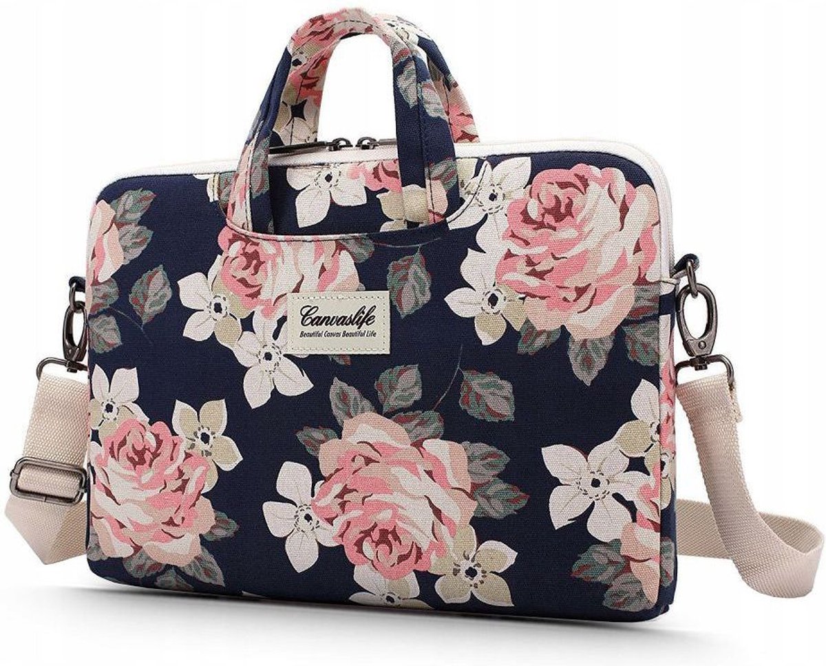 Laptoptas 16 Inch - Laptophoes Met Ritssluiting - Canvaslife Sleeve Alle Merken - Tas Alle Laptops Tot 16 Inch - Laptoptas Dames - Bloemen Design - Camelia