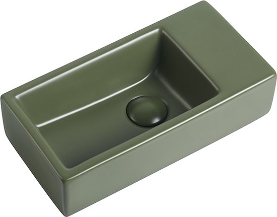Lavabo rectangulaire vert mat avec trou d'évacuation rond et évacuation droite.