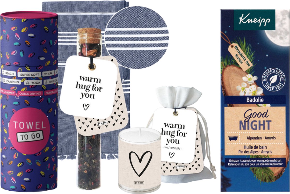 Goedkoopste Kneipp Cadeauset Good Night Luxe Hamam Handdoek - Kneipp Bad Olie 100 ml Good Night - Towel To Go Hamamdoek Donkerblauw - By Romi Wenskaarsje Warm hug for you - By Romi Wensbuisje thee Warm hug for you
