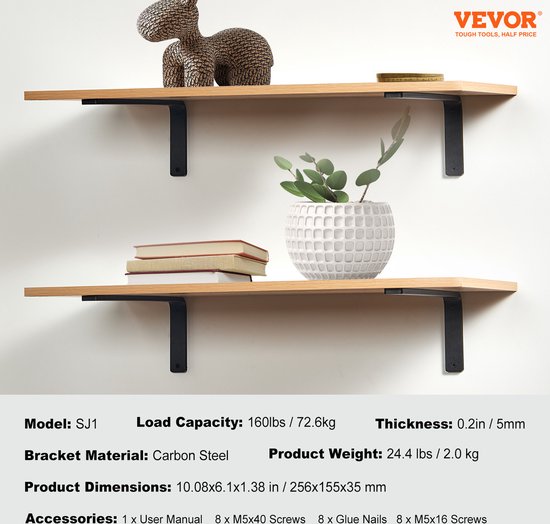 VEVOR Plankbeugel, Zware Drijvende Plankbeugels 256x155mm, 4 Pack Beugels voor Planken, 5mm Dikke Matzwarte L Plankbeugels, Stalen Plankbeugels met 72,6kg Draagvermogen