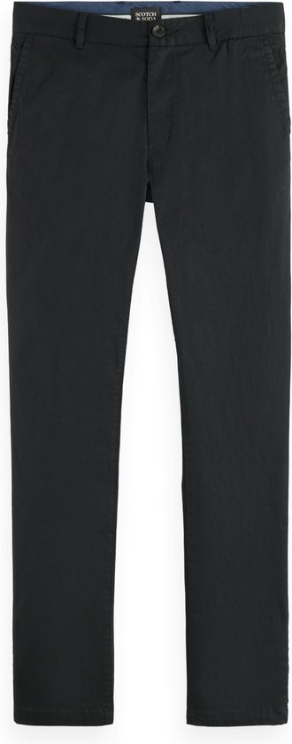 Zwarte chino van katoen met knoop- en ritssluiting, riemlussen en steekzakken.