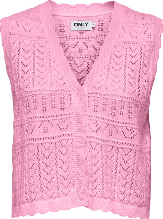 Gilet rose en maille à col en V et fermeture boutonnée, avec motifs ajourés.