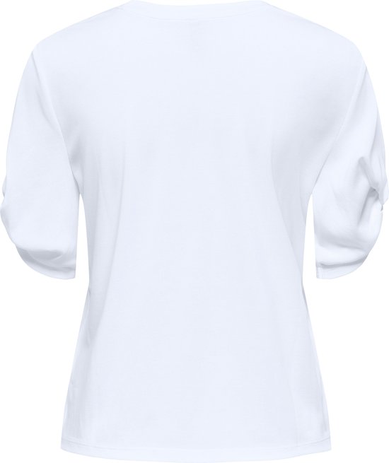 Witte achterkant van een T-shirt met opgerolde mouwen.