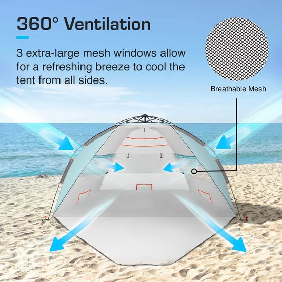 Strandtent met UPF 50+ bescherming tegen uv-stralen van de zon - 3-4 persoons strandschelp, gemakkelijk op te vouwen, compacte draagtas - wind- en zonbescherming, strand, meer, park van Wilxaw — afbeelding 4
