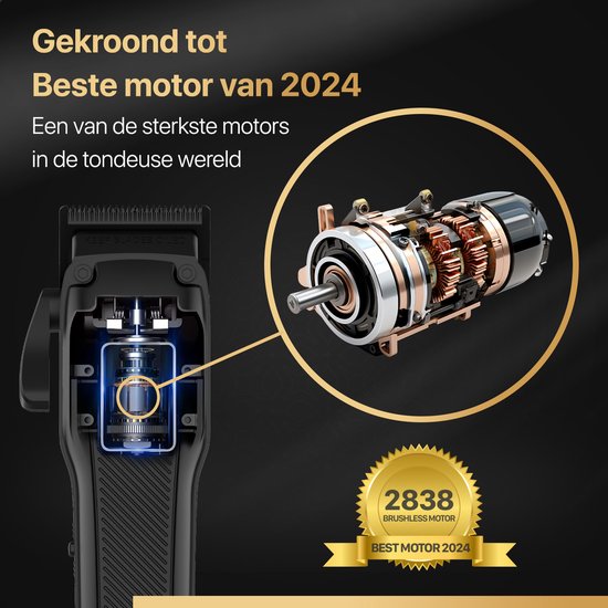Close-up van de krachtige motor van een zwarte tondeuse, bekroond tot 'Beste motor 2024'.