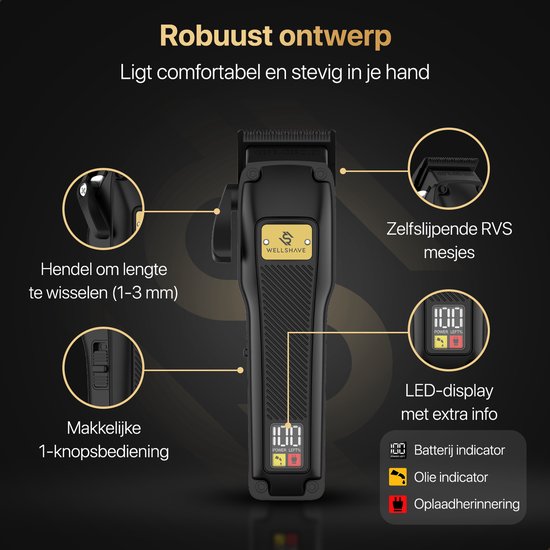 Gedetailleerde weergave van een zwarte tondeuse met hendel voor lengteverstelling, 1-knopsbediening en LED-display.