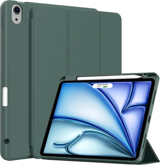 Étui iPad vert avec support pour Apple Pencil, en position debout dans l'étui.
