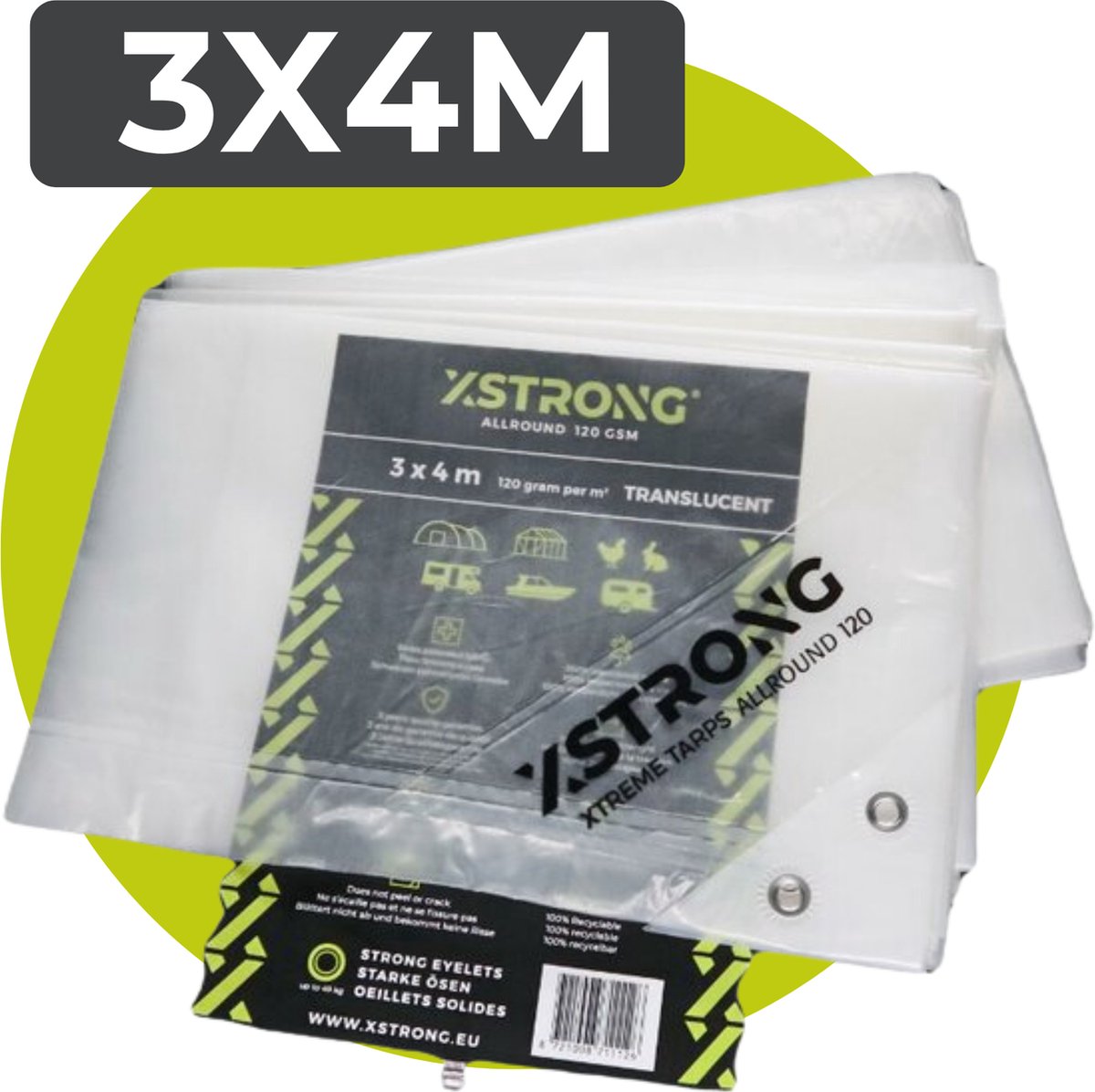 Xstrong Afdekzeil Allround - 3 x 4 m - 120g/m2 - Transparant - 100% Waterbestendig en Scheurbestendig - voor daken, zwembaden, tuinmeubelen, voertuigen, fietsen, aanhangwagen