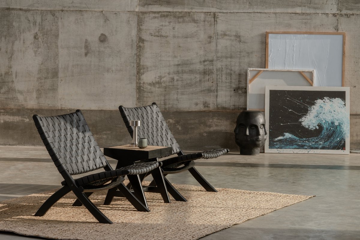 Oliver lounge stoel - zwart - runderhuid leer – teak hout - binnen - zwarte fauteuil - zwarte lounge stoel binnen - comfortable fauteuil - inklapbaar - premium kwaliteit