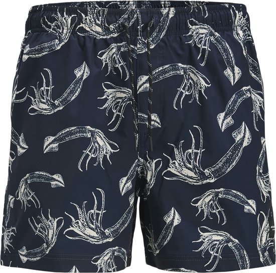 Maillot de bain bleu foncé avec imprimé calamar blanc et cordon de serrage blanc.