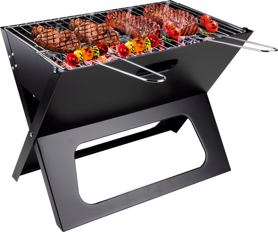 alpina Tafel BBQ Houtskool - Tafelgrill met Grillplaat en Deksel - Compacte Barbecue met Grillplaat - Tafelbarbecue Draagbaar - Ideaal voor Buiten - Zilver