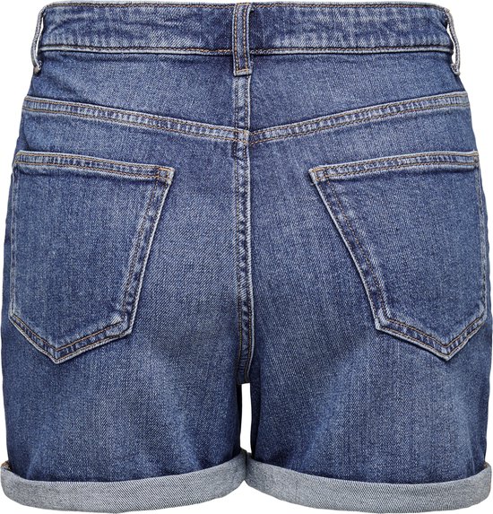 Achterkant van denim shorts met opgerolde zoom.