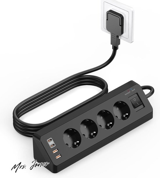 5-voudig hoekstopcontact platte stekker met USB, stekkerdoos 4 USB meervoudige stekker met schakelaar, 3 m zwart 5-voudig hoekstopcontact platte stekker met USB, stekkerdoos 4 USB meervoudige stekker met schakelaar, 3 m zwart