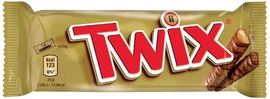 Twix chocoladereep met 123 kcal en 25g.