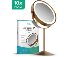 Mirlux Make Up Spiegel met LED Verlichting - 10x Vergroting – Scheerspiegel Klein Op Voet - 3 Lichtstanden - Oplaadbaar - Vergrootspiegel Goud