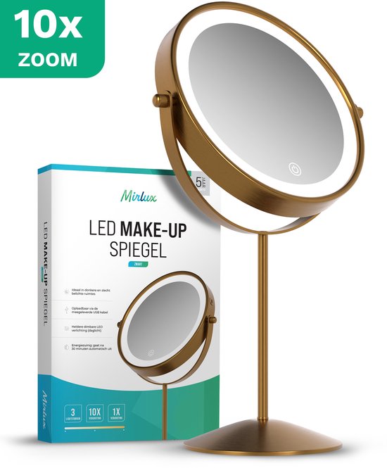 Mirlux Make Up Spiegel met LED Verlichting - 10x Vergroting Licht – Scheerspiegel Klein Op Voet - 3 Lichtstanden - Oplaadbaar - Vergrootspiegel Goud