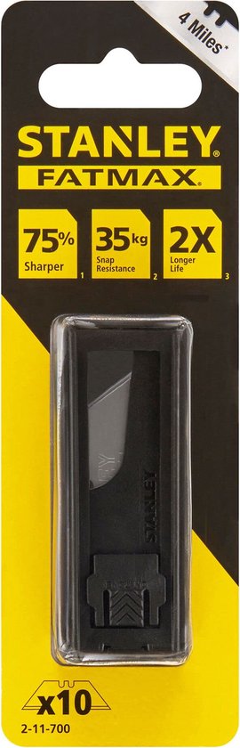 Een verpakking van 10 Stanley Fatmax reservemessen en een zwarte houder. De verpakking heeft gele en zwarte accenten met tekst.