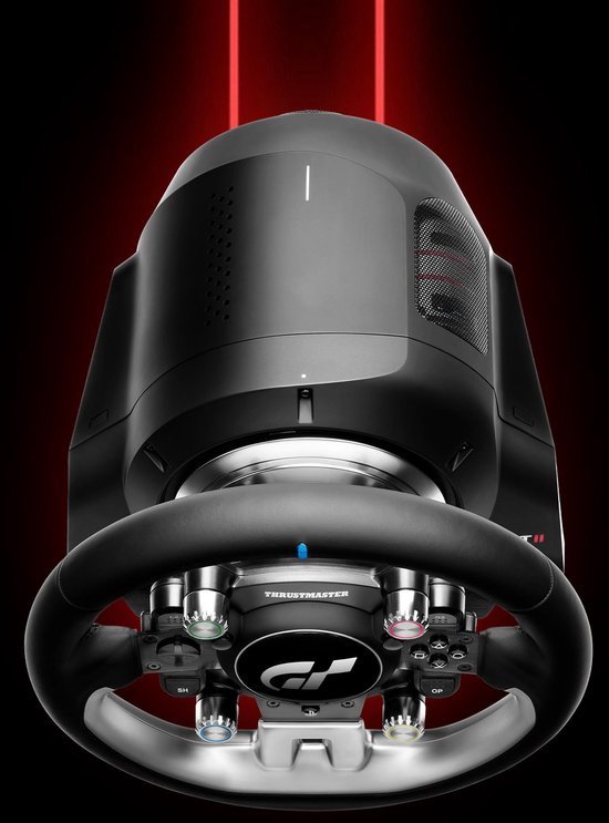 Zwart Thrustmaster T-GT II racestuur en basis met roosterdetails en rode accenten.