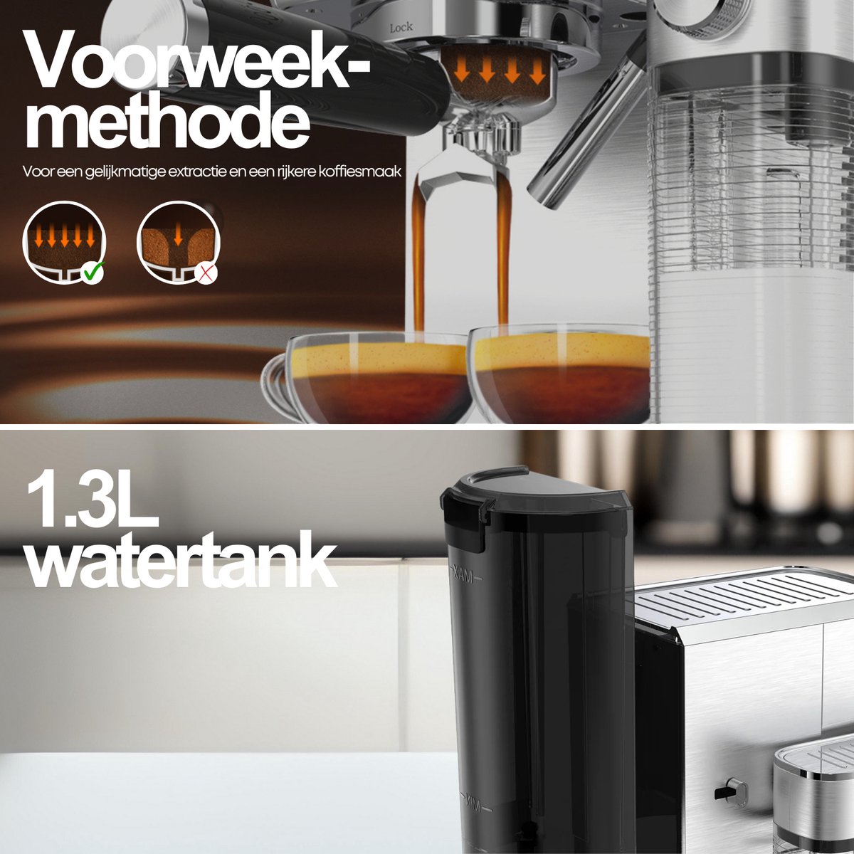 Afbeelding 3 van Espressomachine 20 Bar - Koffiemachine met Automatische Melkopschuimer - Pistonmachine Cappuccino & Latte - Italiaanse pomp - Vol RvS - COOK-IT