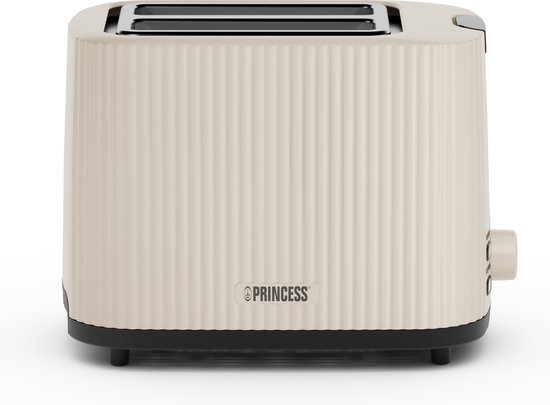 Crèmekleurige Princess broodrooster met ribbelstructuur op witte achtergrond.