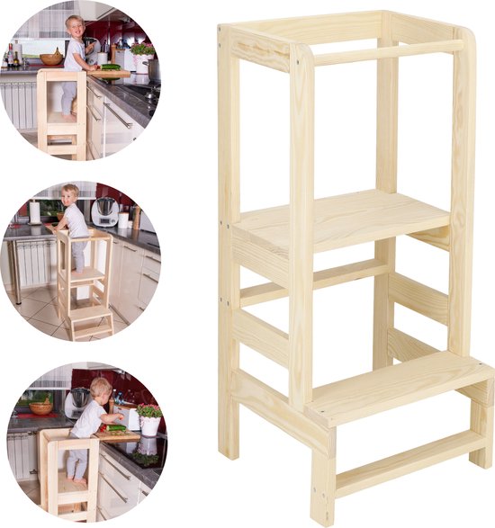 Montessori Leertoren, keukenhulp, veelzijdige 3-in-1 leertoren voor kinderen vanaf 1 jaar, inklapbare keukenhulp met tafel, tafel en stoel