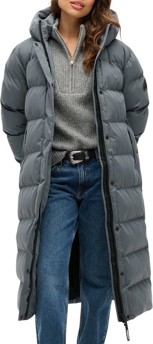 Superdry Microfibre Hooded Longline Puffer Winterjas Dames 34 Grijs