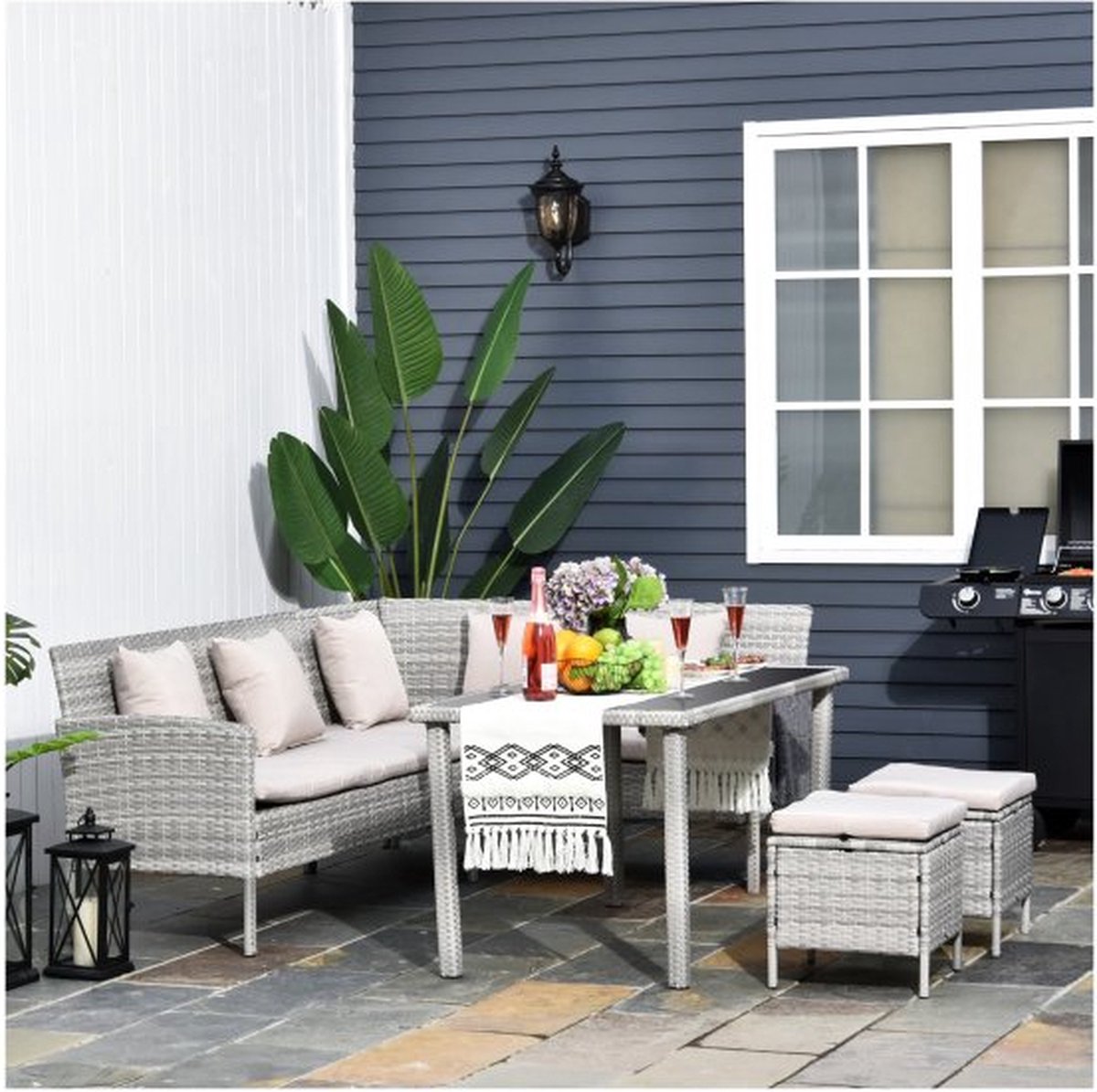 Rattan tuinmeubelset in grijs metaal, 134 x 60 x 75 cm.