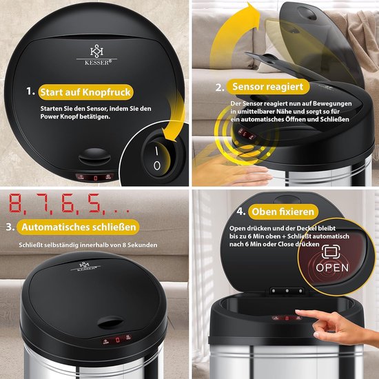 Kesser Afvalemmer, opent en sluit middels een sensor automatisch, roestvrij staal, in