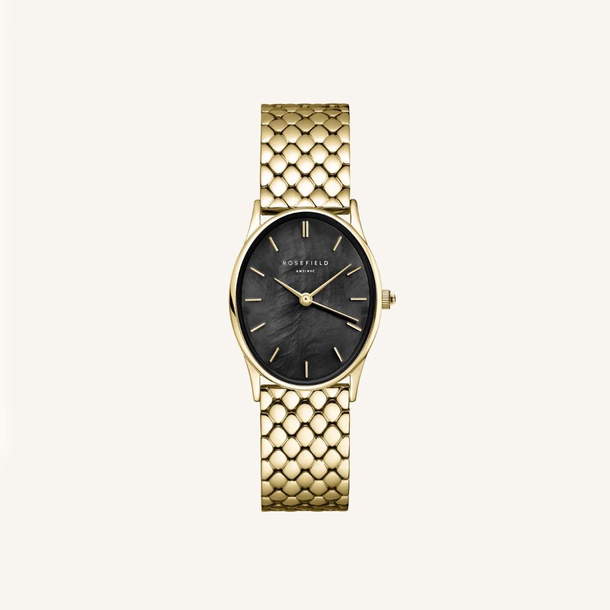 Rosefield Oval zwart MOP staal goud horloge