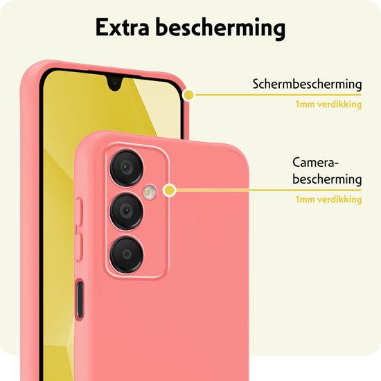 Roze telefoonhoes met 1mm extra bescherming voor scherm en camera.