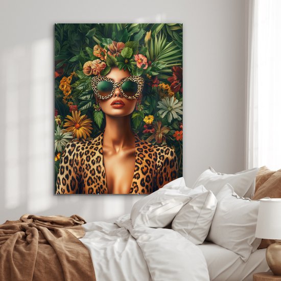 MuchoWow® Peinture sur verre 90x120 cm - Peinture sur verre acrylique - Femme - Imprimé Panthère - Jungle - Nature - Luxe - Photo sur verre - Décoration murale salon - Décoration murale chambre - Peintures