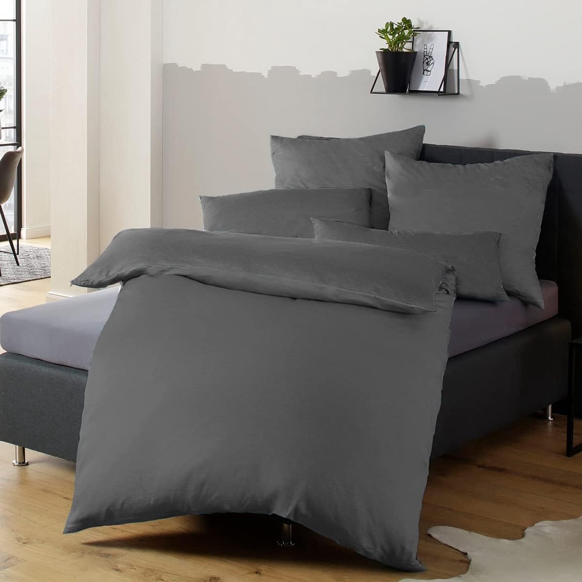 Beddengoed - 155 x 220 cm - Kreukvrije microvezels - 1 dekbedovertrek + 1 kussensloop van 80 x 80 cm met ritssluiting - Antraciet