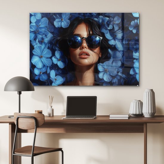 MuchoWow® Peinture sur verre 120x80 cm - Peinture sur verre acrylique - Femme - Blauw - Fleurs - Papillons - Nature - Photo sur verre - Décoration murale salon - Décoration murale chambre - Peintures