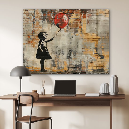 MuchoWow® Peinture sur verre 120x90 cm - Peinture sur verre acrylique - Graffiti - Style Banksy - Fille avec ballon - Photo sur verre - Décoration murale salon - Décoration murale chambre - Peintures