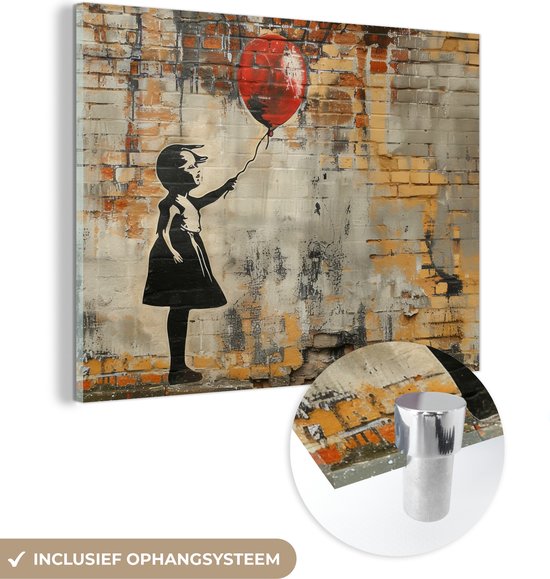 MuchoWow® Peinture sur verre 120x90 cm - Peinture sur verre acrylique - Graffiti - Style Banksy - Fille avec ballon - Photo sur verre - Décoration murale salon - Décoration murale chambre - Peintures