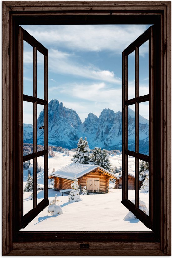 Poster 60x90 cm - Doorkijk - Winter - Landschap - Huisje - Bergen - Posters - Kamer decoratie - Wanddecoratie woonkamer - Muurdecoratie slaapkamer