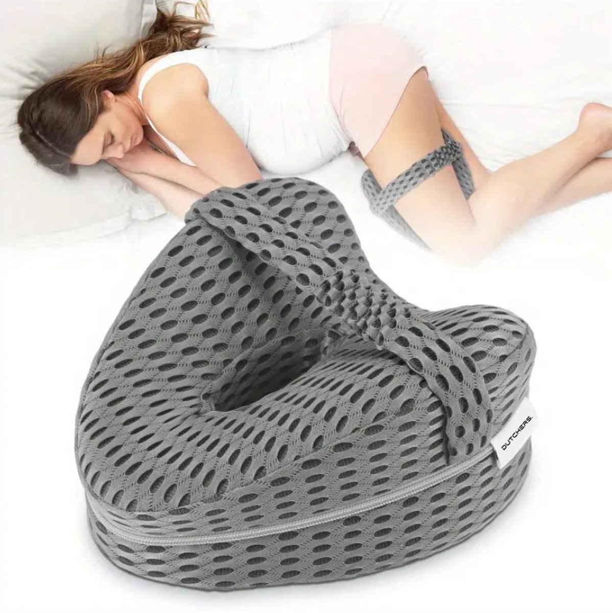 Dutchers.® Orthopedisch Kniekussen met Riem - Tijk Wasbaar - Zijslaapkussen voor in bed - Ergonomisch Beenkussen - Heupklachten - Extra Luchtig - Artrose - Houding correctie - Grijs