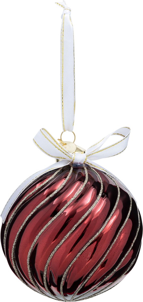 Riviera Maison Kerstbal Rood - Jolly Christmas Rond met Swirl en Glitters - Glas - (Ø)10