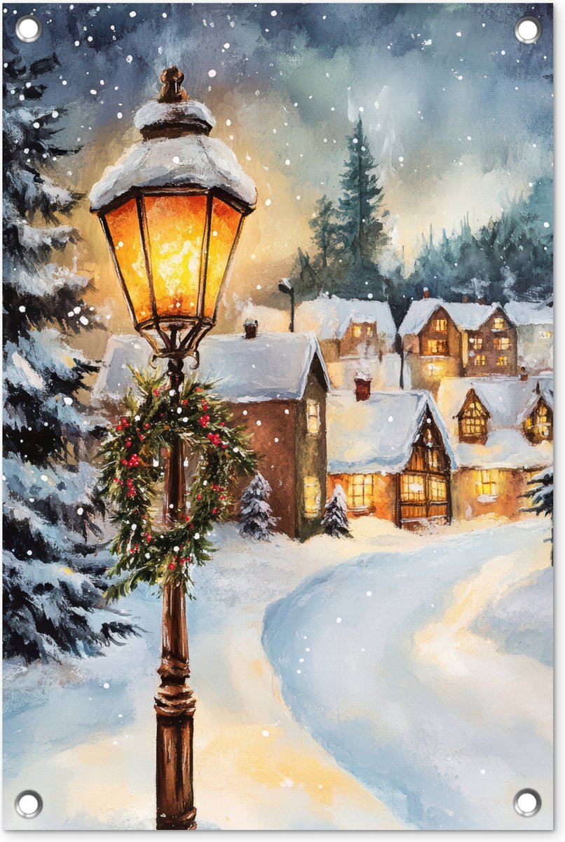 Tuinposter 40x60 cm - Tuindecoratie Kerstdorp - Huizen - Sneeuw - Kerst - Poster voor in de tuin - Buiten decoratie - Schutting tuinschilderij - Tuindoek muurdecoratie - Wanddecoratie balkondoek - Kerstversiering - Kerstdecoratie Tuinposter 40x60 cm met kerstdorp, huizen, sneeuw en kerstdecoratie voor buiten - Schutting tuinschilderij in kerstthema.