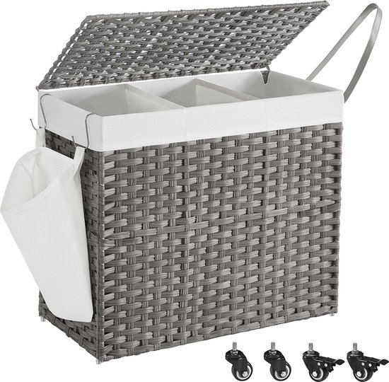 SONGMICS Wasmand met 3 vakken, bamboestructuur, versterkt afneembaar deksel, afneembare waszak, crèmewit RLH103WD01