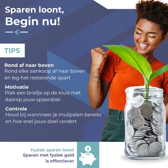 Vrolijke vrouw met een plant die uit een pot vol munten groeit.