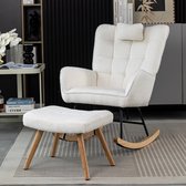 Sweiko Schommelstoel met kussen en hocker, onderstel van rubberhout, loungestoel met hoge rugleuning