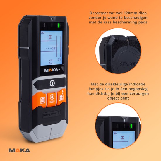 MAKA Digitale leidingzoeker - Koper, Metaal, Hout & Wisselstroomdraad detectie tot 120mm met hoorbare waarschuwing - Multifunctionele Wandscanner - Wallscanner