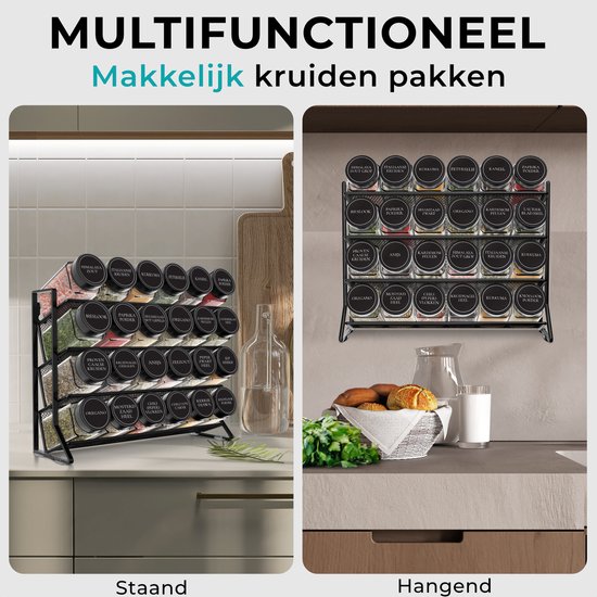 Kruidenrek staand met 24 potjes op een aanrecht, en hangend met 24 potjes boven een aanrecht met broodmand.
