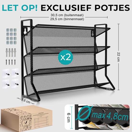 Zwart metalen kruidenrek met 3 etages, inclusief bevestigingsmateriaal voor wandmontage. Afmetingen 30.5x22x9.6 cm. Exclusief potjes.